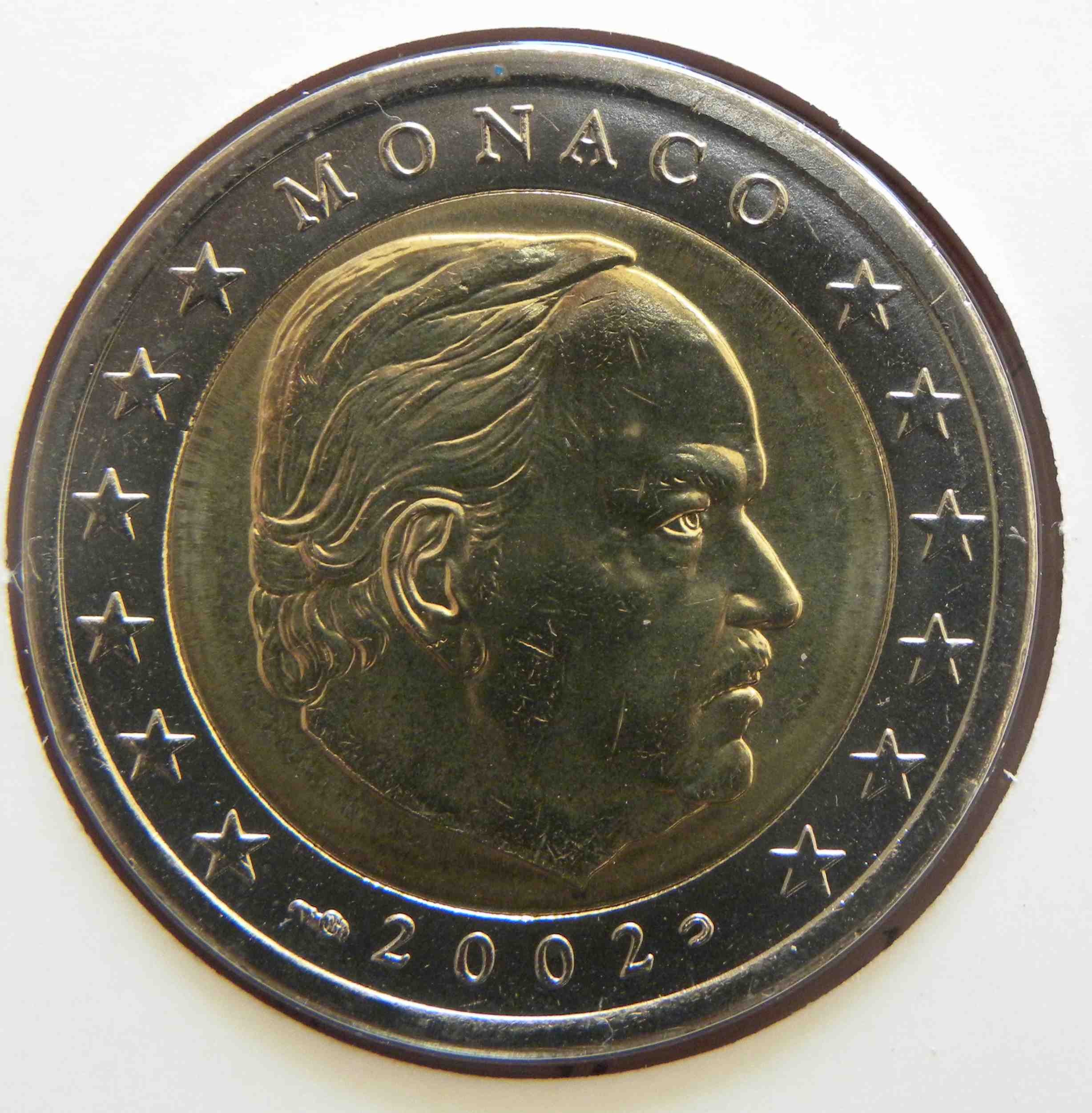 Еврокоинс. 2 Euro Monaco 2002. 2 Евро 2002 мужской портрет.